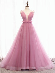 Evening Gown, V Neck Pink Tulle Prom Dresses with Train, Pink Long Formal Evening Graduation Dresses