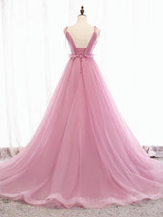 Black Bridesmaid Dress, V Neck Pink Tulle Prom Dresses with Train, Pink Long Formal Evening Graduation Dresses
