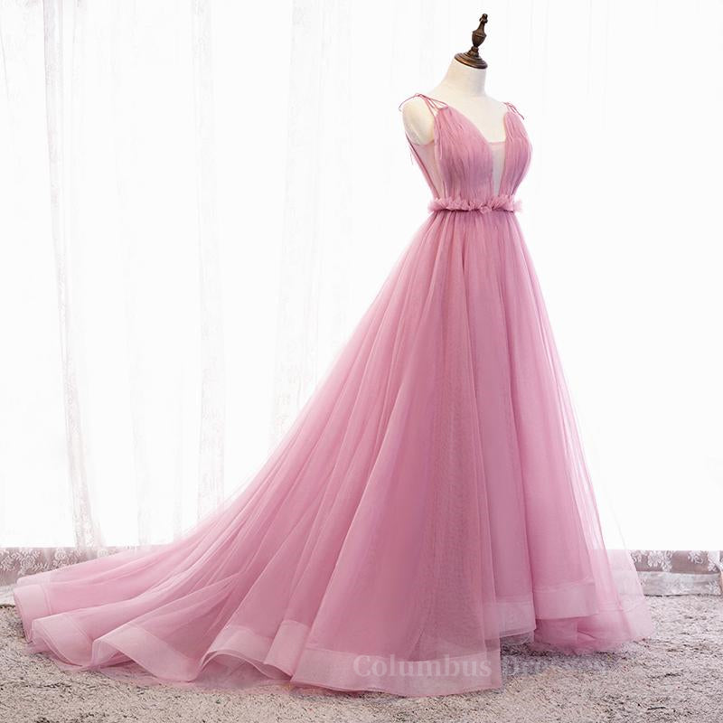 Purple Prom Dress, V Neck Pink Tulle Prom Dresses with Train, Pink Long Formal Evening Graduation Dresses