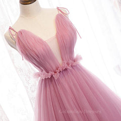 Homecoming Dress, V Neck Pink Tulle Prom Dresses with Train, Pink Long Formal Evening Graduation Dresses