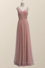 Bridesmaid Dress Tulle, V Neck Plush Pink Tulle Long Bridesmaid Dress