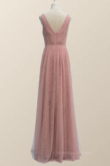 Bridesmaids Dress Chiffon, V Neck Plush Pink Tulle Long Bridesmaid Dress