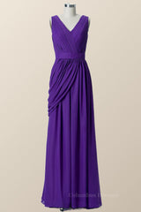 Party Dresses Outfits, V Neck Purple Pleated Chiffon A-line Bridesmaid Dress