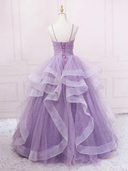 Bridesmaid Dress Tulle, V Neck Purple Sequin Long Prom Dress, Purple V Neck Long Formal Evening Dresses