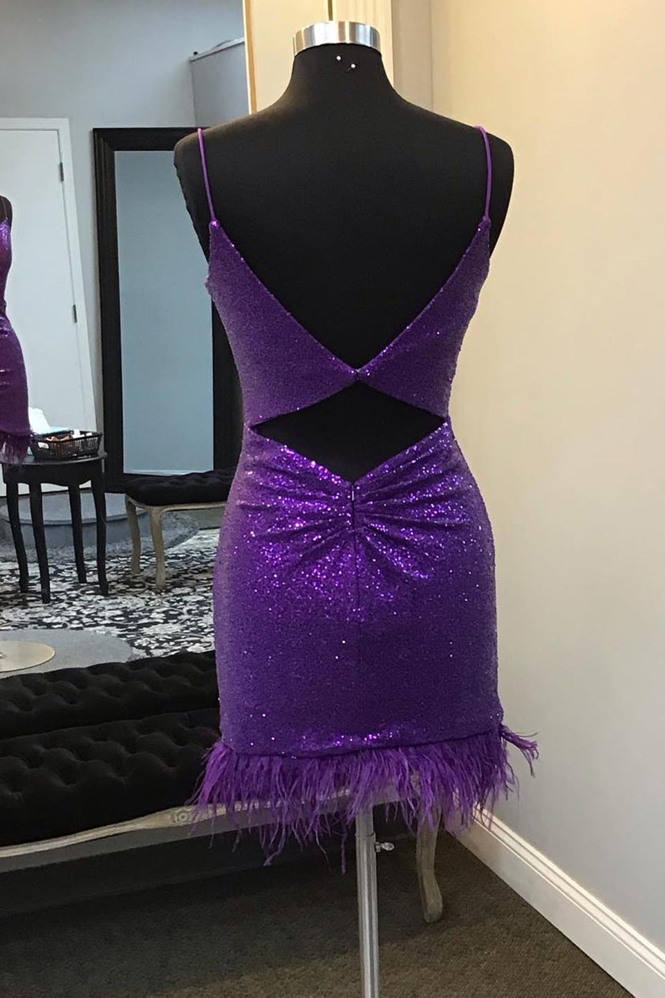 Evening Dresses 3 10 Sleeve, V-Neck Purple Sequins Homecoming Dress with Feather Hem