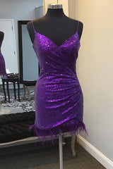 Evening Dress Long Sleeve, V-Neck Purple Sequins Homecoming Dress with Feather Hem