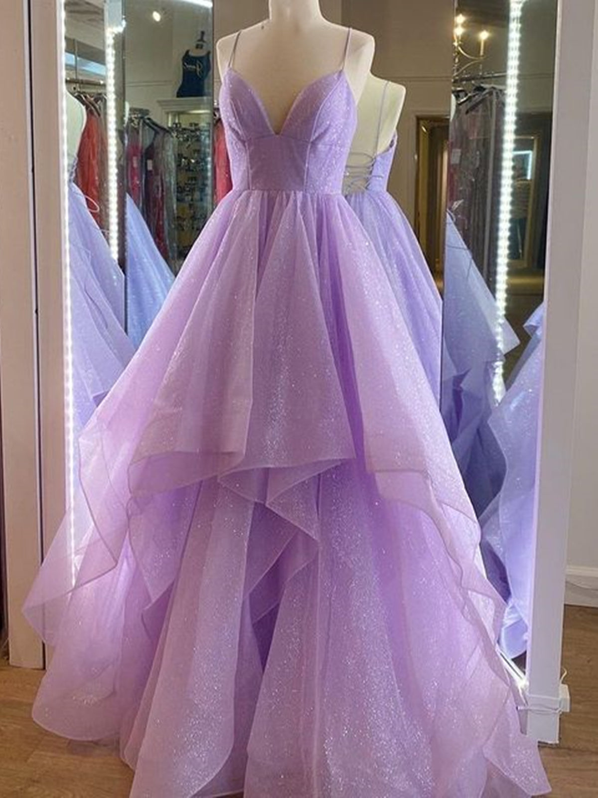 Bridesmaid Dress Gown, V Neck Purple Tulle Long Prom Dresses, Purple High Low Formal Evening Dresses