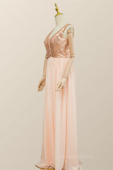 Bridesmaid Dress Mauve, V Neck Rose Gold Sequin and Chiffon Long Bridesmaid Dress