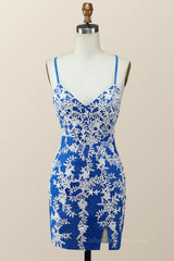 Party Dress Name, V Neck Royal Blue and White Lace Tight Mini Dress