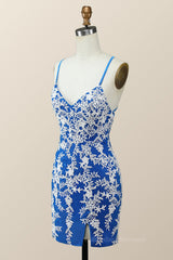 Party Dress Names, V Neck Royal Blue and White Lace Tight Mini Dress
