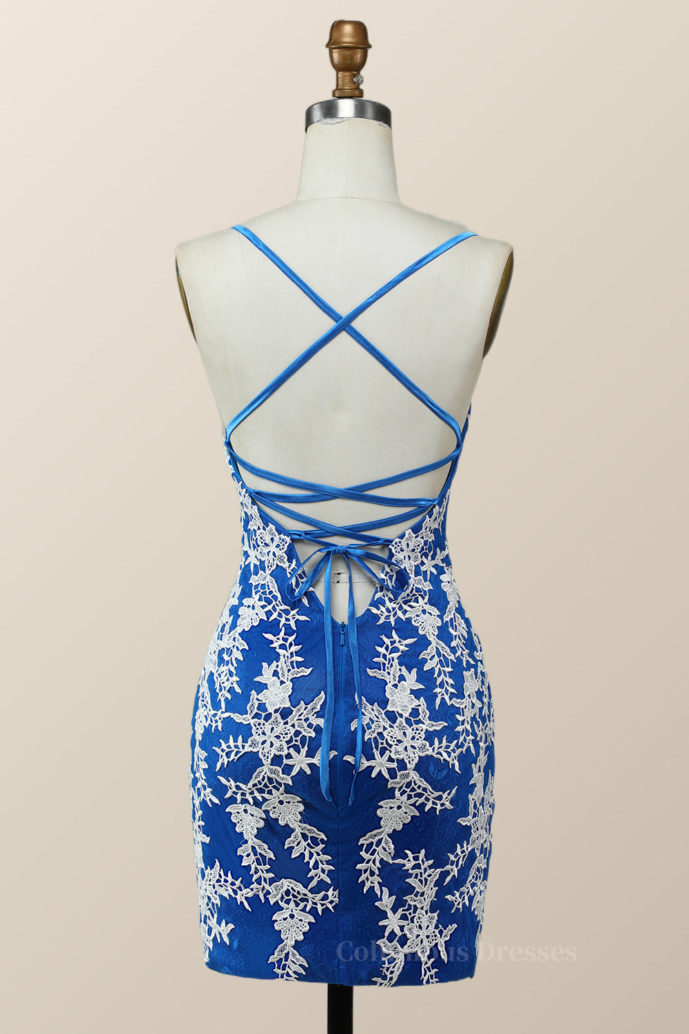 Party Dresses For Christmas, V Neck Royal Blue and White Lace Tight Mini Dress