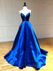Prom Dress Long Quinceanera Dresses Tulle Formal Evening Gowns, V Neck Royal Blue Backless Prom Dresses, Royal Blue Backless Formal Graduation Evening Dresses