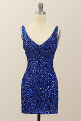 Homecoming Dress Elegant, V Neck Royal Blue Sequin Bodycon Mini Dress