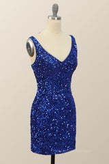 Homecoming Dresses Elegant, V Neck Royal Blue Sequin Bodycon Mini Dress