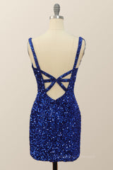 Homecomming Dresses Short, V Neck Royal Blue Sequin Bodycon Mini Dress