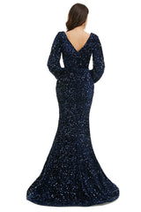 Evening Dress 1941, V-Neck Sequins Long Sleeve Side Split Formal Evening Dresses