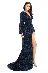 Evening Dress Modest, V-Neck Sequins Long Sleeve Side Split Formal Evening Dresses