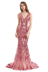 Bridesmaid Dresses Color Palette, V-Neck Sequins Sleeveless Lace-up Mermaid Prom Dresses