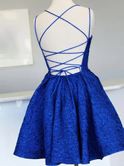 Floral Dress, V Neck Short Backless Blue Lace Prom Dresses, Open Back Short Blue Lace Formal Homecoming Dresses