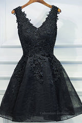 Bridesmaid Dress Under 133, V Neck Short Black Lace Prom Dresses, Black Lace Homecoming Dresses, Short Black Formal Evening Dresses