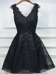 Party Dress Sparkle, V Neck Short Black Lace Prom Dresses, Short Black Lace Graduation Homecoming Dresses