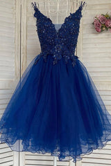 Bridesmaid Dress Vintage, V Neck Short Blue Lace Prom Dress, Blue Lace Homecoming Dress, Short Blue Formal Graduation Evening Dress