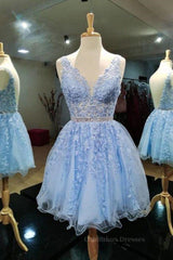 Bridesmaids Dresses Champagne, V Neck Short Blue Lace Prom Dresses, Short Blue Lace Formal Homecoming Dresses