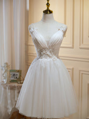 Bridesmaids Dresses Floral, V Neck Short Ivory Lace Prom Dresses, Short Ivory Lace Formal Homecoming Dresses