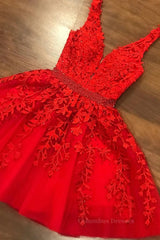 Prom Dress Places, V Neck Short Red Lace Prom Dress with Beadings, Short Red Lace Formal Graduation Homecoming Dress