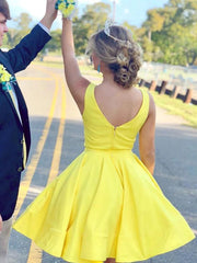 Party Dress Idea, V Neck Short Yellow Prom Dresses, Short Yellow V Neck Graduation Homecoming Dresses
