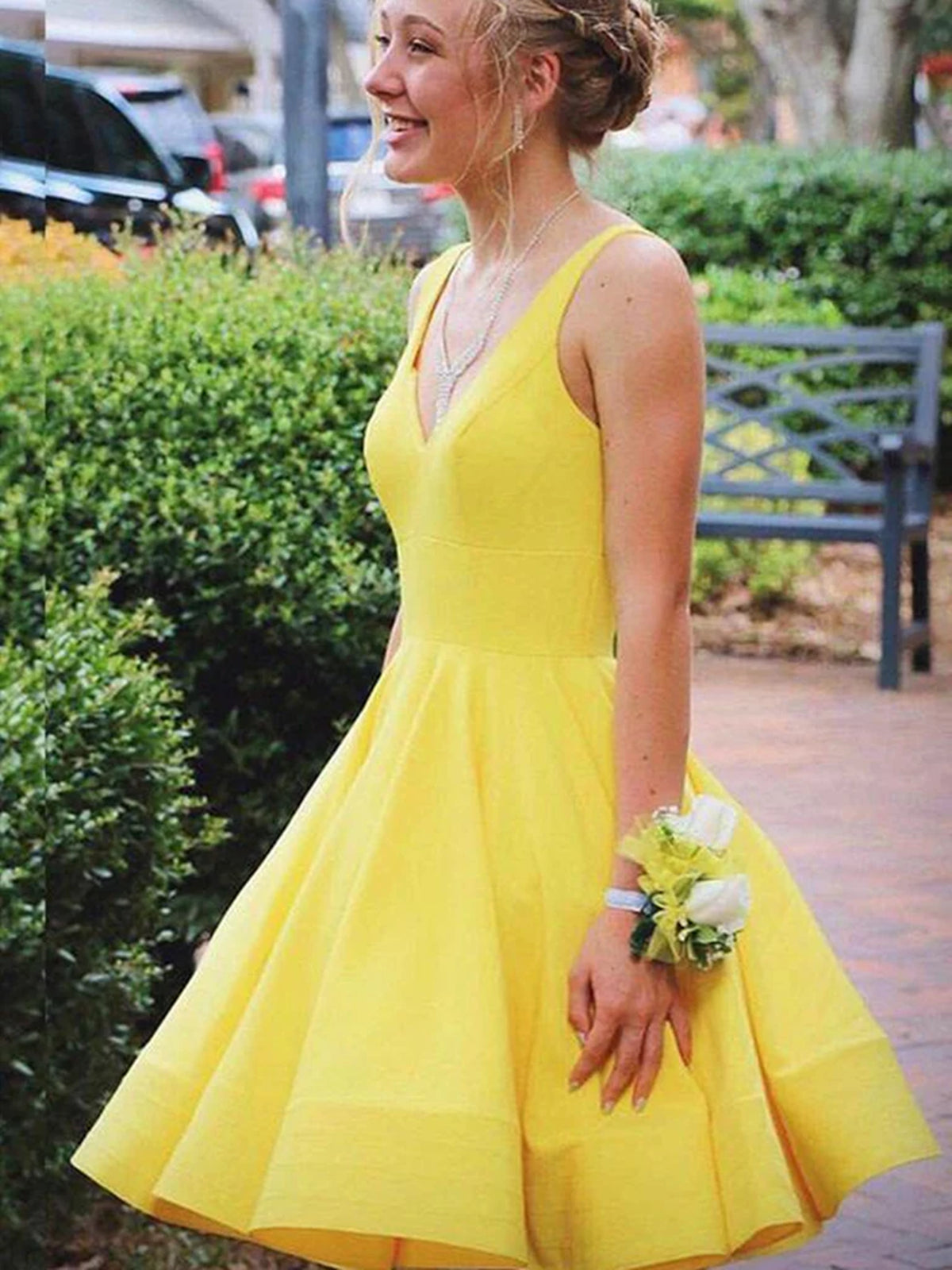 Party Dresses Online, V Neck Short Yellow Prom Dresses, Short Yellow V Neck Graduation Homecoming Dresses