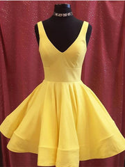 Party Dresses Cheap, V Neck Short Yellow Prom Dresses, Short Yellow V Neck Graduation Homecoming Dresses