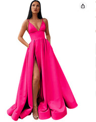 Dress Prom, V-Neck Slit Satin Long Prom Dress Spaghetti Strap Evening Ball Gown with Pockets