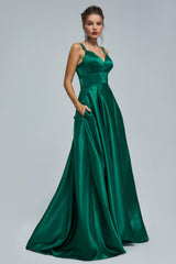 Bridesmaids Dress Champagne, V-Neck Spaghetti Strap with Pocket Side Slit Special Long Prom Dresses