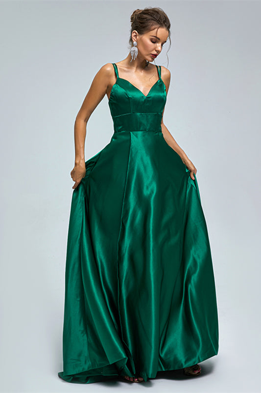Bridesmaid Dress Champagne, V-Neck Spaghetti Strap with Pocket Side Slit Special Long Prom Dresses