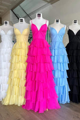 Best Prom Dress, V-Neck Straps Fuchsia Ruffle Chiffon Prom Dress with Slit