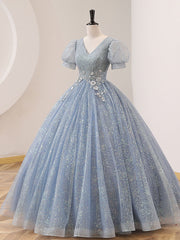 Prom Dresses Size 18, V Neck Tulle Sequin Gray Blue Long Prom Dress, Gray Blue Formal Sweet 16 Dress