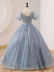Prom Dress Size 18, V Neck Tulle Sequin Gray Blue Long Prom Dress, Gray Blue Formal Sweet 16 Dress