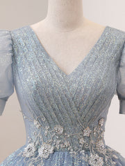 Prom Dresses 2024 Cheap, V Neck Tulle Sequin Gray Blue Long Prom Dress, Gray Blue Formal Sweet 16 Dress