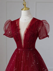 Prom Dress 2028, V Neck Tulle Sequin Tea Length Burgundy Prom Dress, Burgundy Evening Dress