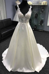 Wedding Dress Sleeve Lace, V neck White A line Lace appliques Princess Wedding Dress