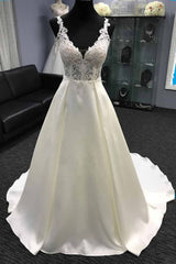 Wedding Dresses Sleeves Lace, V neck White A line Lace appliques Princess Wedding Dress
