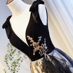 Wedding Dress Open Back, V-neckline Black Tulle with Velvet Top Long Evening Dress Party Dress, A-line Wedding Party Dress