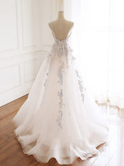 Semi Formal Dress, V-neckline Lace Applique Floor Length Party Dress, Charming White Floral Prom Dress