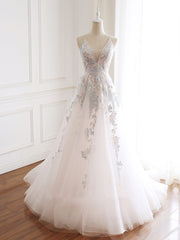 Classy Dress, V-neckline Lace Applique Floor Length Party Dress, Charming White Floral Prom Dress