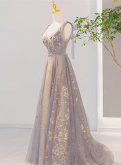 Party Dress Mid Length, V-neckline Lace-up Champagne and Grey Long Formal Dress, Tulle Prom Dress
