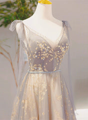 Party Dress Night Out, V-neckline Lace-up Champagne and Grey Long Formal Dress, Tulle Prom Dress