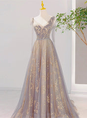 Party Dress With Sleeves, V-neckline Lace-up Champagne and Grey Long Formal Dress, Tulle Prom Dress