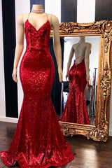 Formal Dress For Girls, Long Sequin Red Prom Dresses Mermaid Sleeveless Evening Gown
