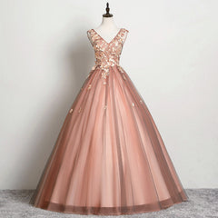 Prom Dresses For Teen, V-neckline Tulle Ball Gown Pink Sweet 16 Dresses, Ball Gown Lace Applique Quinceanera Dress